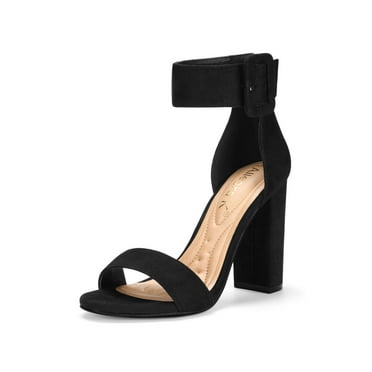 BLISSFUL STEP Women's Block Heels Zipper Buckle Ankle Strap Sandals Black 6
