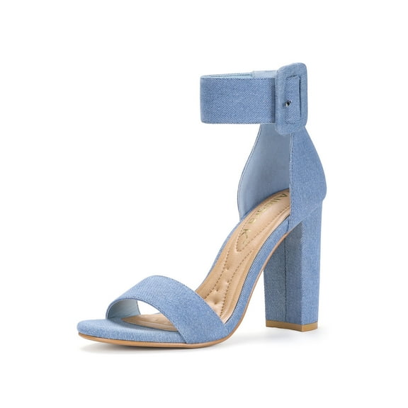 BLISSFUL STEP Women's Block Heels Zipper Buckle Ankle Strap Sandals Denim Blue 6