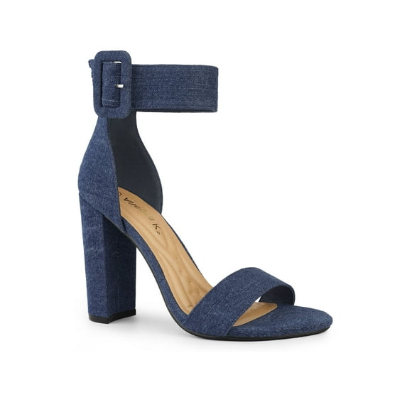 BLISSFUL STEP Women's Block Heels Zipper Buckle Ankle Strap Sandals Dark Blue 6