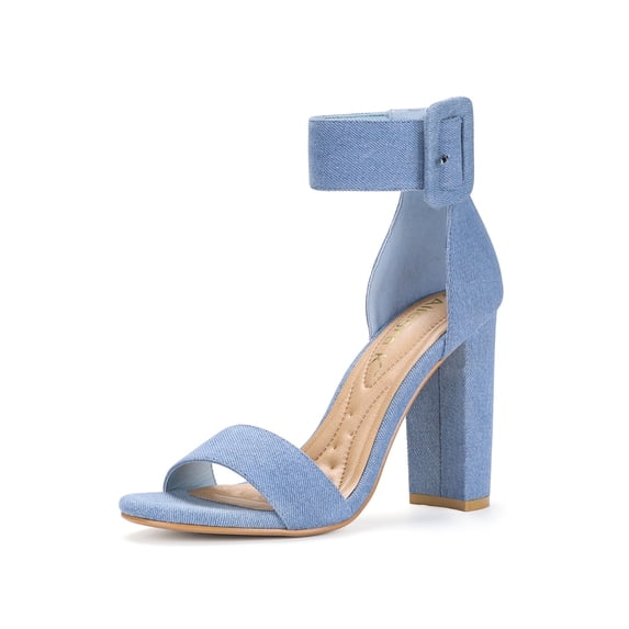 BLISSFUL STEP Women's Block Heels Zipper Buckle Ankle Strap Sandals Denim Blue 7