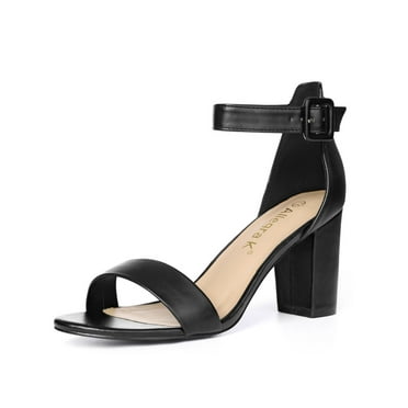 BLISSFUL STEP Women's Open Toe High Chunky Heel Buckle Ankle Strap Sandals Black-PU 10