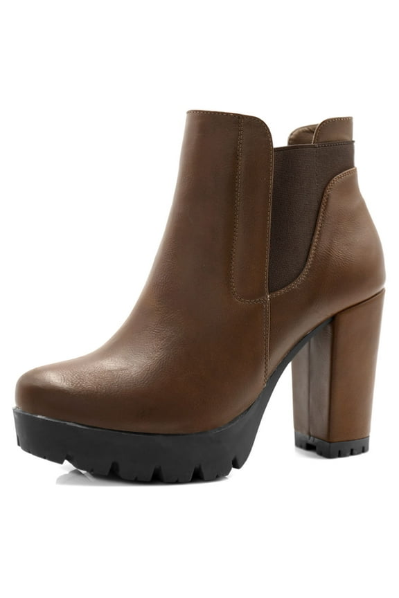 Women's Chelsea Boots Platform Block Cleated Sole Heel Brown 7