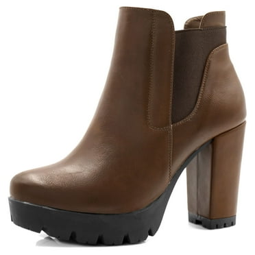 Allegra K Women's Block High Heel Platform Zip Chelsea Boots Brown 8.5