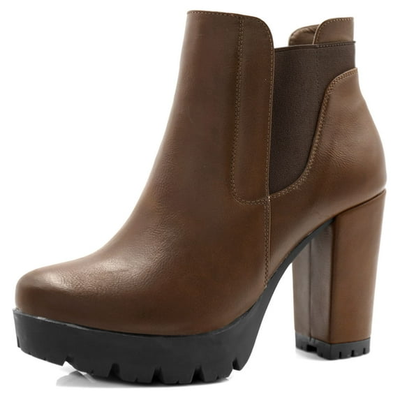 BLISSFUL STEP Women's Chelsea Boots Platform Block Cleated Sole Heel Brown 9