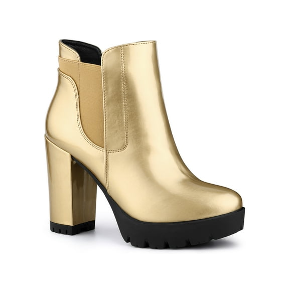 BLISSFUL STEP Women's Chelsea Boots Platform Block Cleated Sole Heel Gold 7.5