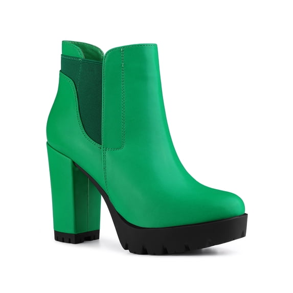 BLISSFUL STEP Women's Chelsea Boots Platform Block Cleated Sole Heel Grass Green 9