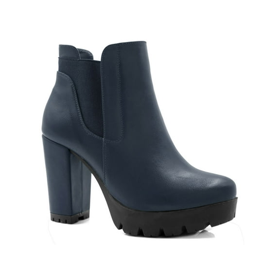 BLISSFUL STEP Women's Chelsea Boots Platform Block Cleated Sole Heel Navy Blue 8.5