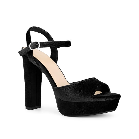 BLISSFUL STEP Women's Block High Heels Ankle Strap Platform Heel Sandals Black (Size 6)