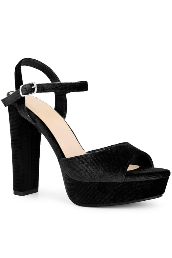 Women's Block High Heels Ankle Strap Platform Heel Sandals Black (Size 7)