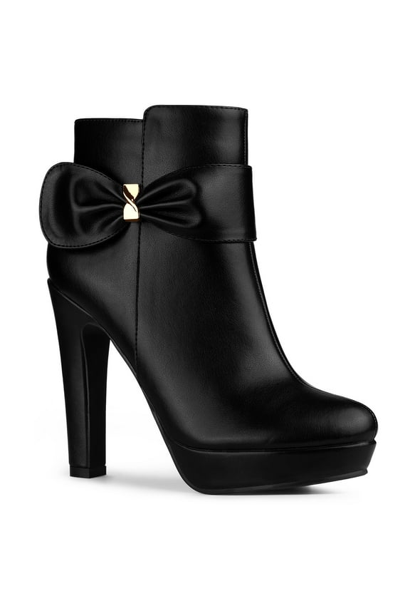 Women's Ankle Boots Chunky High Heels Platform Bow Decor Round Toe Boots Black 8.5