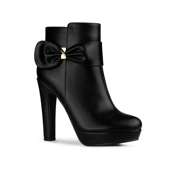 BLISSFUL STEP Women's Ankle Boots Chunky High Heels Platform Bow Decor Round Toe Boots Black 8.5