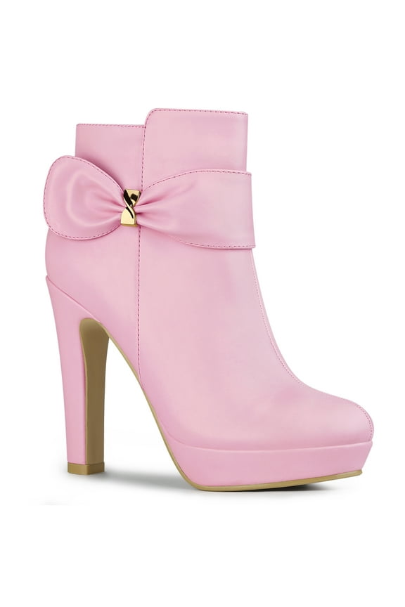Women's Ankle Boots Chunky High Heels Platform Bow Decor Round Toe Boots Pink 8.5