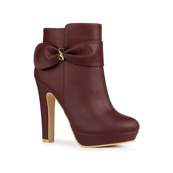 BLISSFUL STEP Women's Ankle Boots Chunky High Heels Platform Bow Decor Round Toe Boots Burgundy 7.5