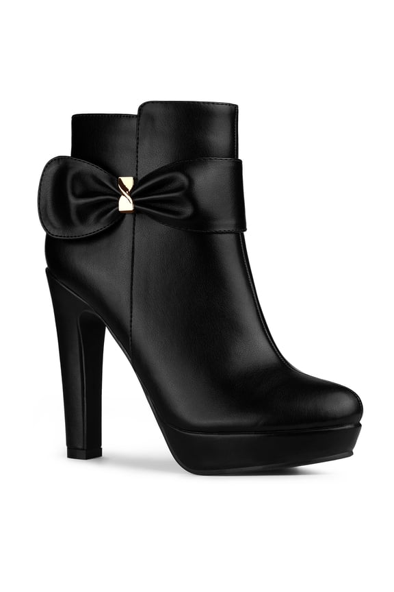Women's Ankle Boots Chunky High Heels Platform Bow Decor Round Toe Boots Black 9