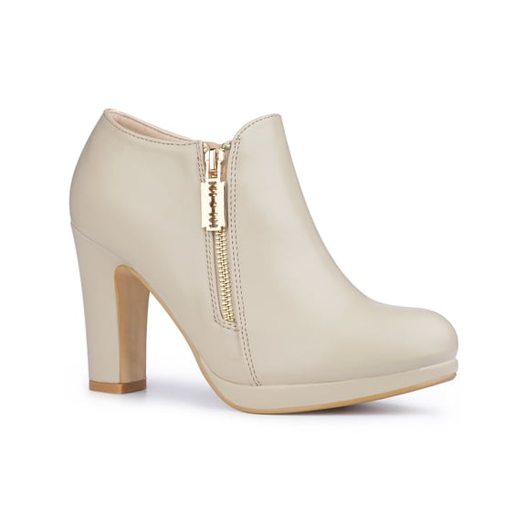 BLISSFUL STEP Women's Ankle Boots Faux Suede Chunky Heel Side Zipper Platform Heels Beige 10