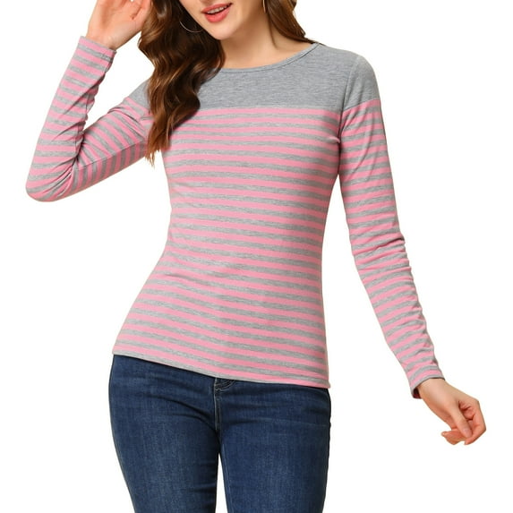 INSPIRE CHIC Women's Blouse Striped Color Block Long Sleeve Causal T-Shirt L Pink Gray