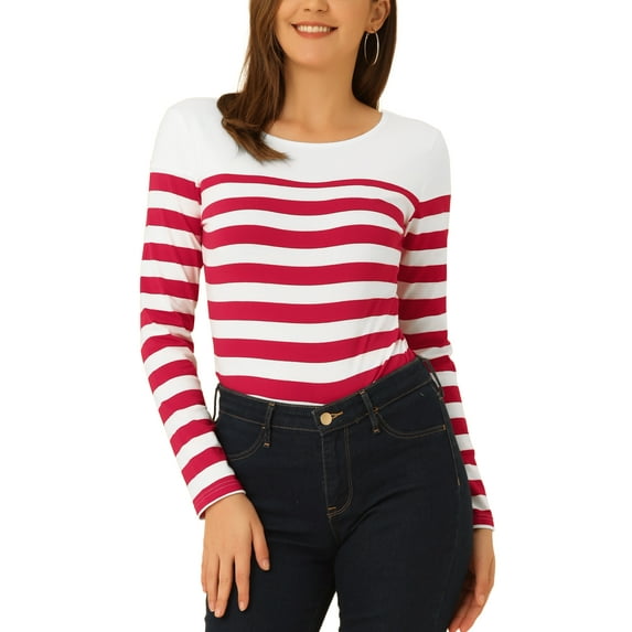 INSPIRE CHIC Women's Blouse Striped Color Block Long Sleeve Causal T-Shirt M Red Stripe