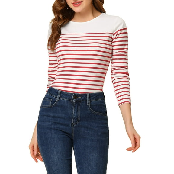 INSPIRE CHIC Women's Blouse Striped Color Block Long Sleeve Causal T-Shirt M White Red