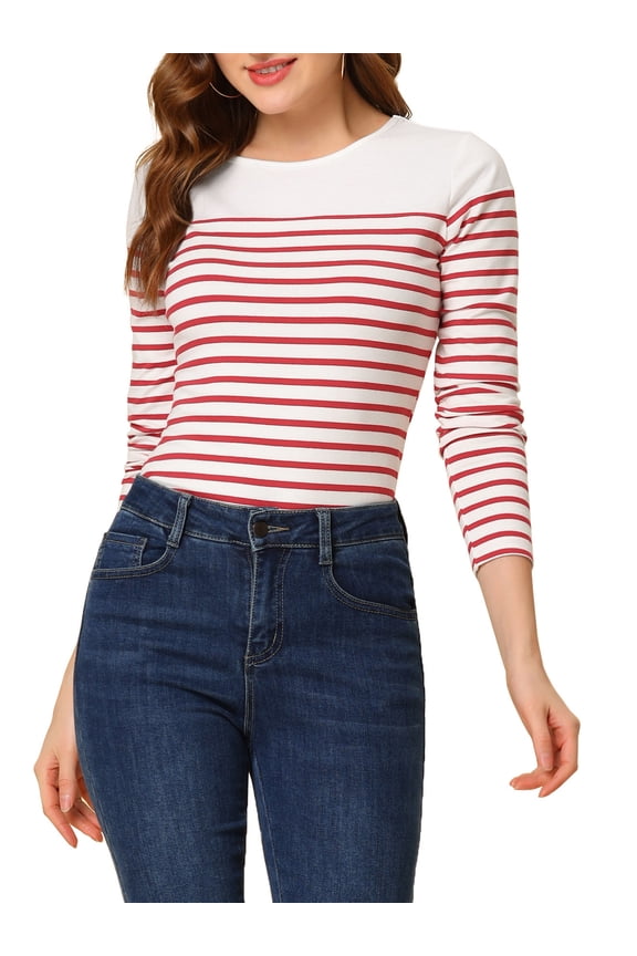 Women's Blouse Striped Color Block Long Sleeve Causal T-Shirt M White Red