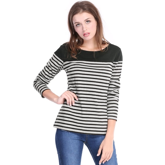 INSPIRE CHIC Women's Blouse Striped Color Block Long Sleeve Causal T-Shirt S Gray