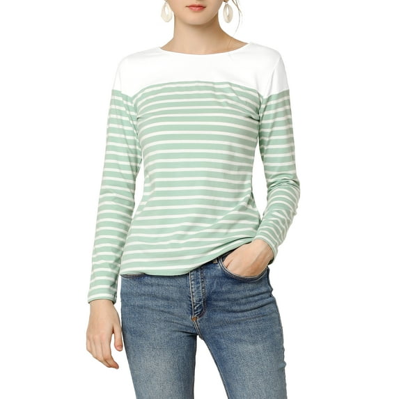 INSPIRE CHIC Women's Blouse Striped Color Block Long Sleeve Causal T-Shirt S Light Green