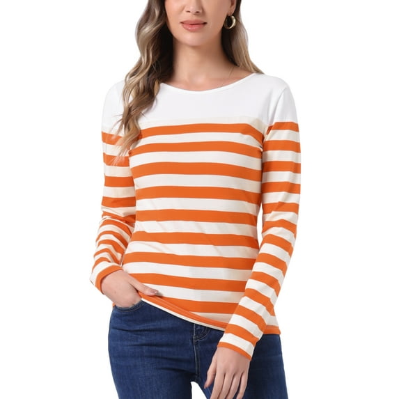 INSPIRE CHIC Women's Blouse Striped Color Block Long Sleeve Causal T-Shirt S White Orange