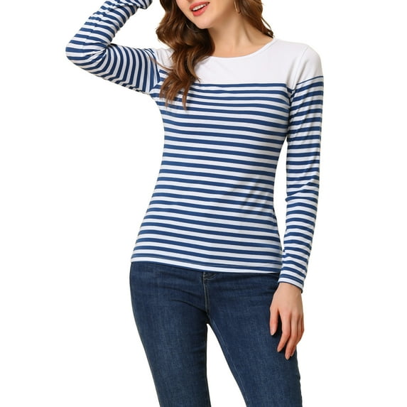 INSPIRE CHIC Women's Blouse Striped Color Block Long Sleeve Causal T-Shirt XL Blue White