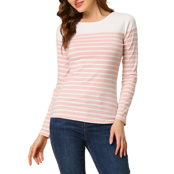 INSPIRE CHIC Women's Blouse Striped Color Block Long Sleeve Causal T-Shirt XS Pink White