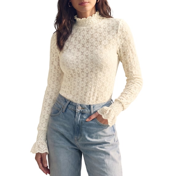 INSPIRE CHIC Women's Blouse Mock Neck Cuffed Sleeves Ruffle Trim Sheer Mesh Pullover Shirt Spring Autumn See Through Floral Lace Tops Large Apricot