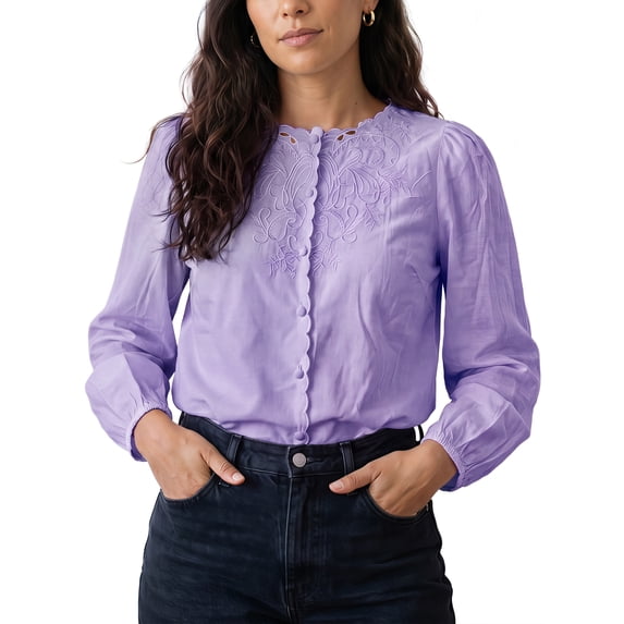 INSPIRE CHIC Women's Blouse Round Neck Button Down Lantern Sleeves Sheer Embroidered Lightweight Elegant Lace Mesh Shirt Top Large Purple