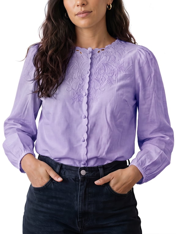 Women's Blouse Round Neck Button Down Lantern Sleeves Sheer Embroidered Lightweight Elegant Lace Mesh Shirt Top Small Purple