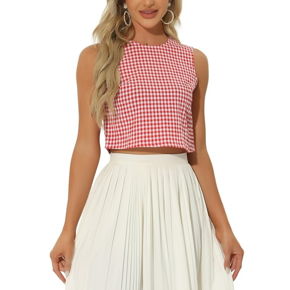 INSPIRE CHIC Women's Blouse Sleeveless Vintage Summer Ginham Tops XS Red
