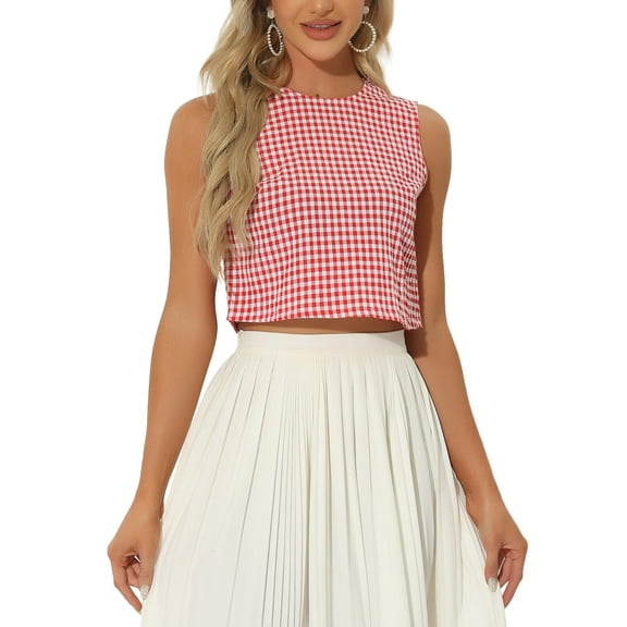 INSPIRE CHIC Women's Blouse Sleeveless Vintage Summer Ginham Tops Red XS