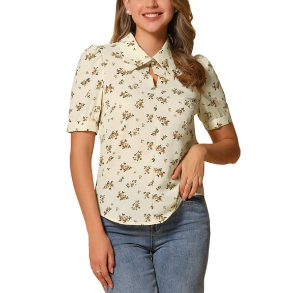 INSPIRE CHIC Women's Blouse Turndown Collar Split Neck Puff Sleeve Chiffon Shirt M Apricot White