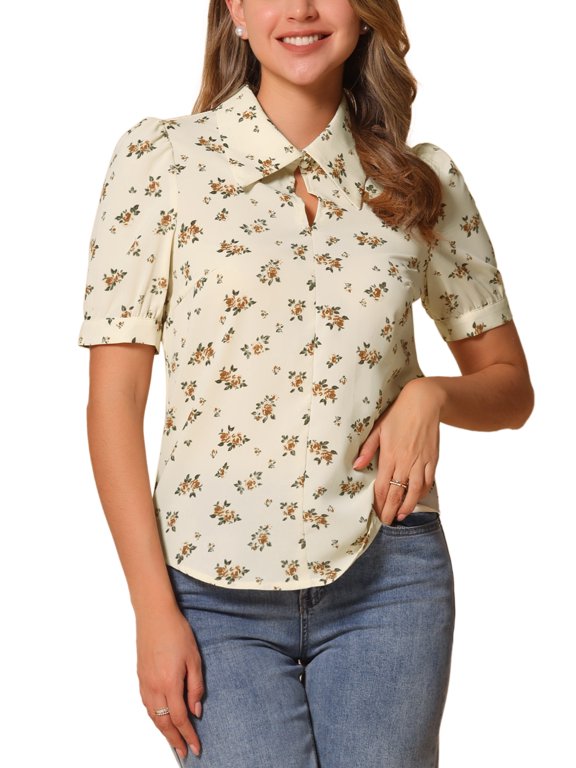 Women's Blouse Turndown Collar Split Neck Puff Sleeve Chiffon Shirt M Apricot White