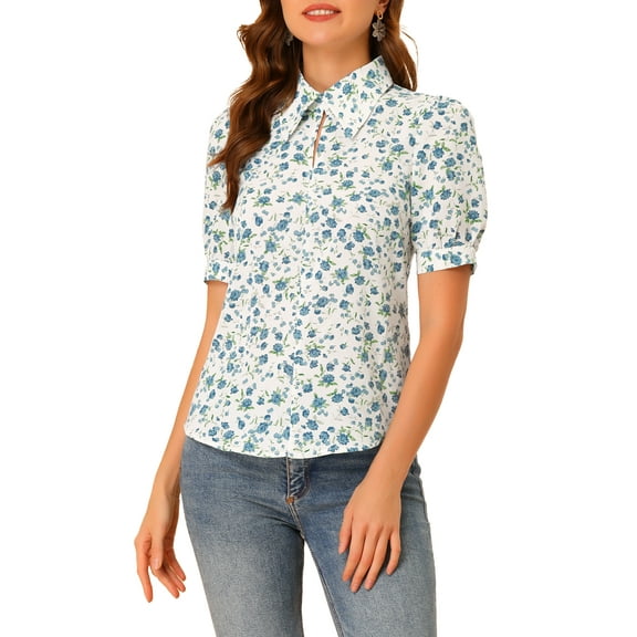 INSPIRE CHIC Women's Blouse Turndown Collar Split Neck Puff Sleeve Chiffon Shirt S White Blue