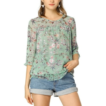 INSPIRE CHIC Women's Tops Ruffle 3/4 Sleeve Floral Chiffon Spring Summer Shirt Blouses L Green