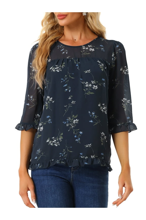 Women's Tops 3/4 Sleeves Ruffle Hem Floral Chiffon Shirt Blouses L Navy Blue