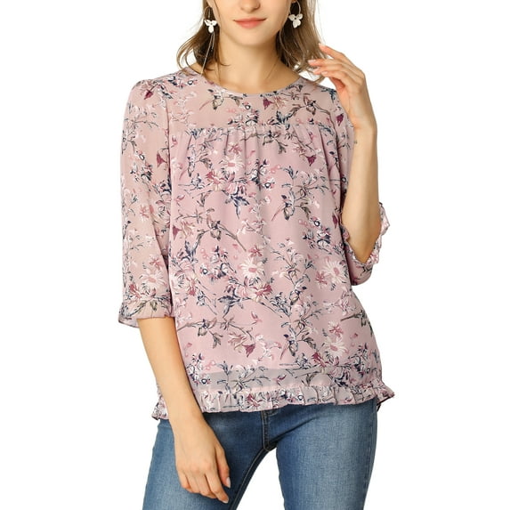 INSPIRE CHIC Women's Tops 3/4 Sleeves Ruffle Hem Floral Chiffon Shirt Blouses L Pink-Blue Floral