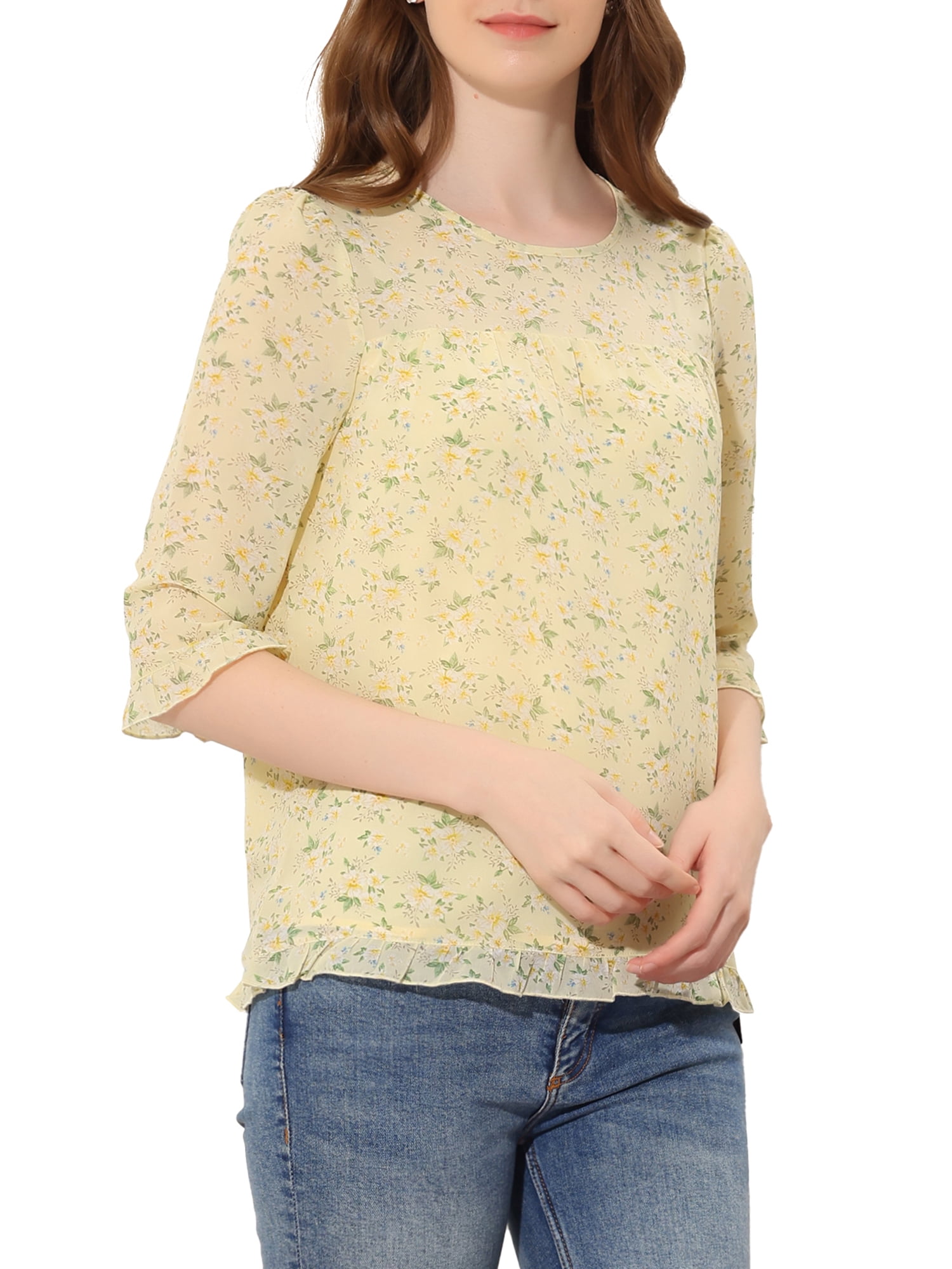 Women Yellow & Silver Printed Top With Three Quarter Flared Sleeves main image 0