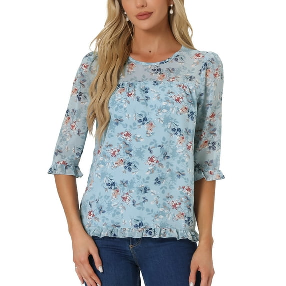 INSPIRE CHIC Women's Tops 3/4 Sleeves Ruffle Hem Floral Chiffon Shirt Blouses M Blue White