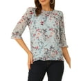 thumbnail image 1 of INSPIRE CHIC Women's Tops 3/4 Sleeves Ruffle Hem Floral Chiffon Shirt Blouses M Grey Blue-3, 1 of 7