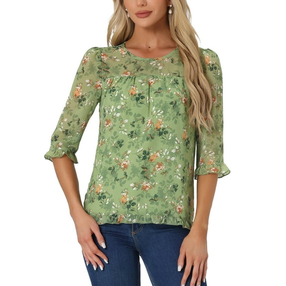 INSPIRE CHIC Women's Tops 3/4 Sleeves Ruffle Hem Floral Chiffon Shirt Blouses S Green White