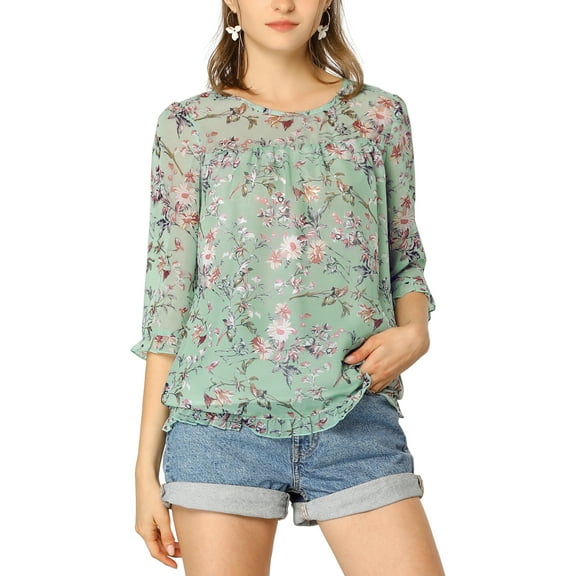 INSPIRE CHIC Women's Tops 3/4 Sleeves Ruffle Hem Floral Chiffon Shirt Blouses S Green