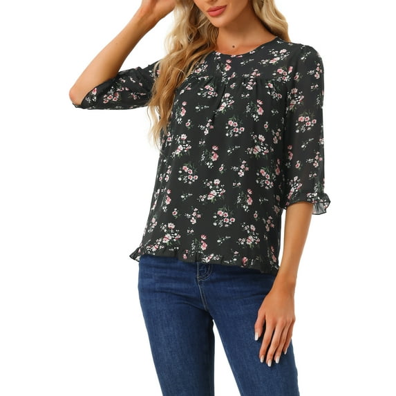 INSPIRE CHIC Women's Tops 3/4 Sleeves Ruffle Hem Floral Chiffon Shirt Blouses Black-Pink Floral XL