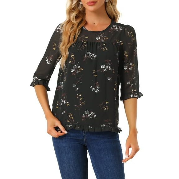 INSPIRE CHIC Women's Tops 3/4 Sleeves Ruffle Hem Floral Chiffon Shirt Blouses XL Black