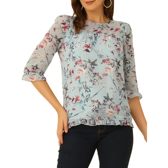 INSPIRE CHIC Women's Tops 3/4 Sleeves Ruffle Hem Floral Chiffon Shirt Blouses XL Grey Blue-3