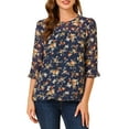 thumbnail image 1 of INSPIRE CHIC Women's Tops 3/4 Sleeves Ruffle Hem Floral Chiffon Shirt Blouses Navy-White Orange Floral XL, 1 of 8