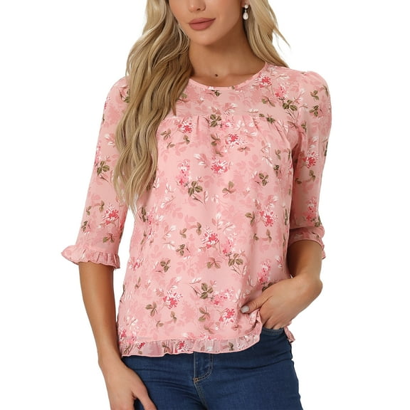 INSPIRE CHIC Women's Tops 3/4 Sleeves Ruffle Hem Floral Chiffon Shirt Blouses XL Pink White