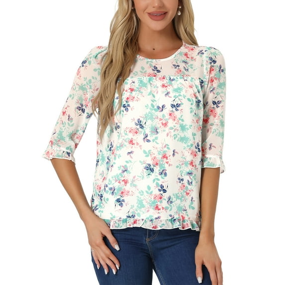 INSPIRE CHIC Women's Tops 3/4 Sleeves Ruffle Hem Floral Chiffon Shirt Blouses XL White Blue